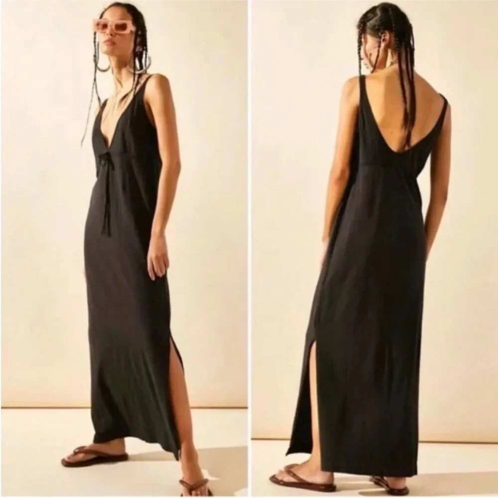 Free People FP Beach Essential Tank Dress Black XL 100% Cotton Maxi Side Slit